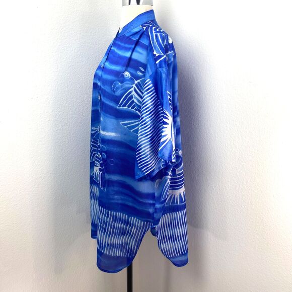 Blue Silky Oversize Semi-Sheer Tunic Blouse 2X Beach Coverup Lounge Boho Resort - Picture 7 of 11